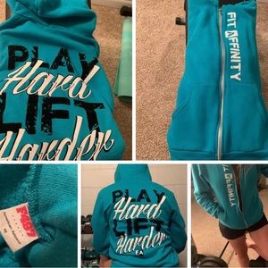 Turquoise fit affinity zip up hoodie play hard lift harder medium